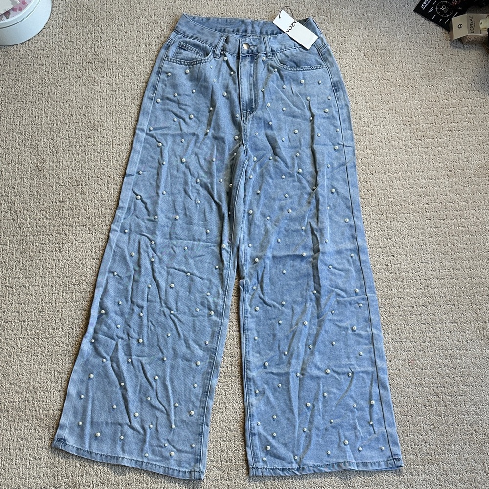 Yozy Elegant Blue Wide Leg Jeans with Pearl Details Soft Light Wash Womens Small